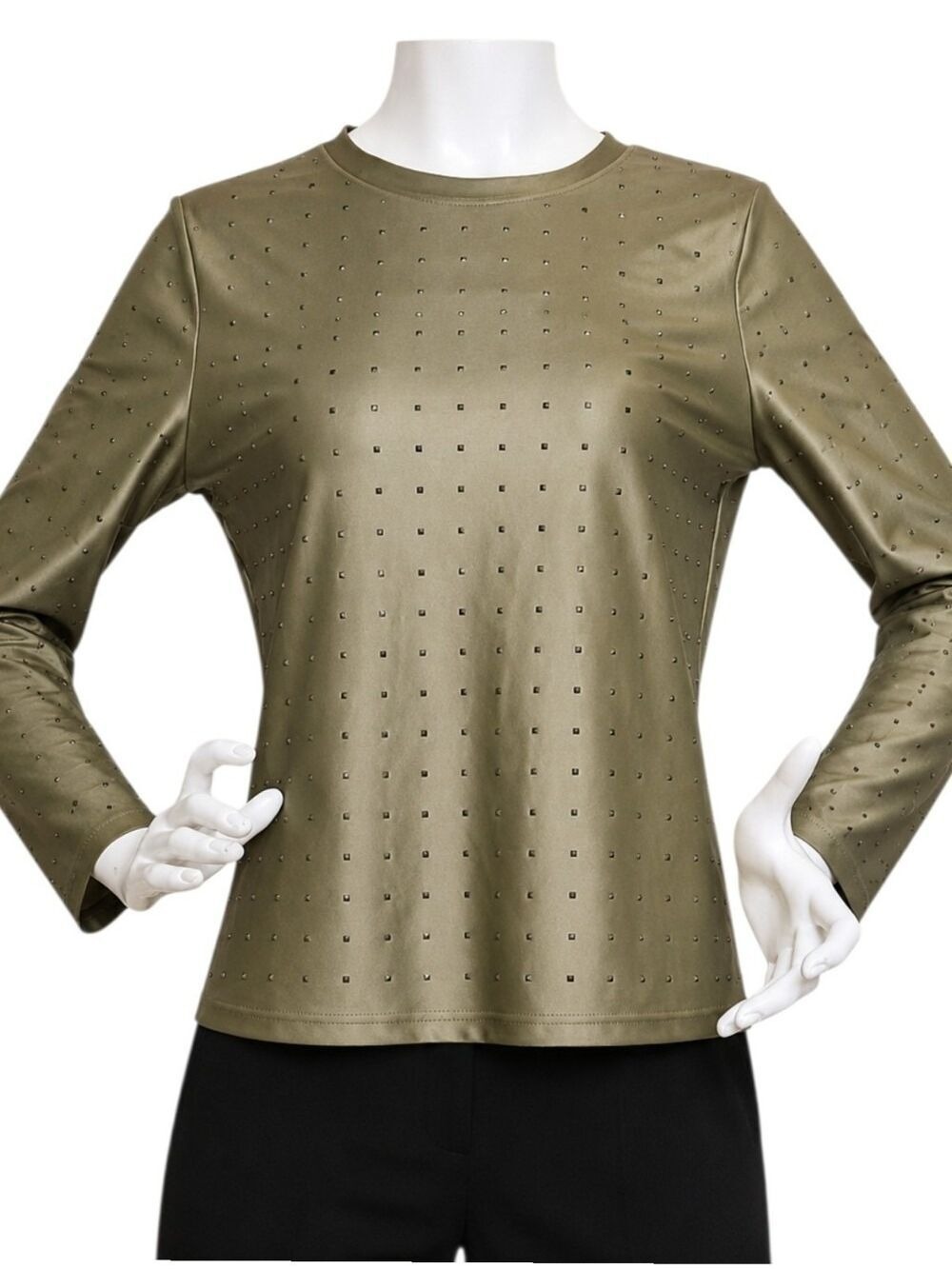 Stark X Olive Studded Satin Long Sleeve Top Large NWT